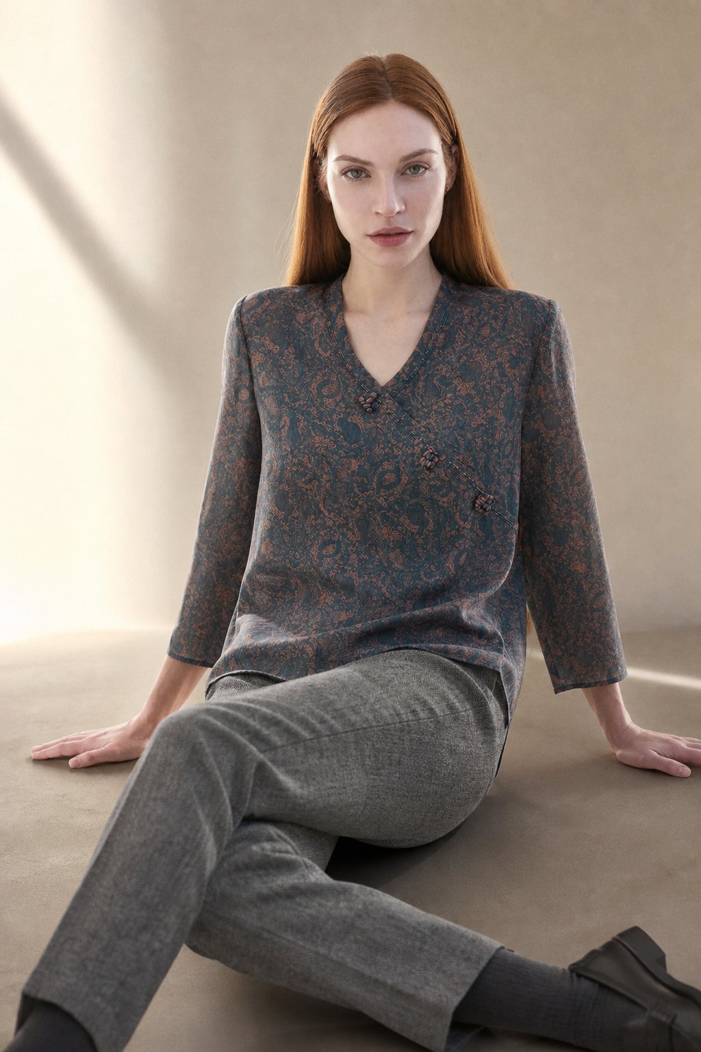 Saoirse | Paisley Print Knot Button Wrap Front Blouse - View 2