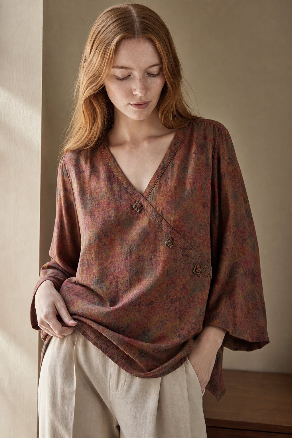 Saoirse | Paisley Print Knot Button Wrap Front Blouse - View 4