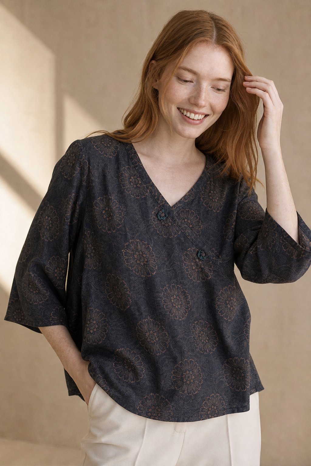 Saoirse | Paisley Print Knot Button Wrap Front Blouse - View 5
