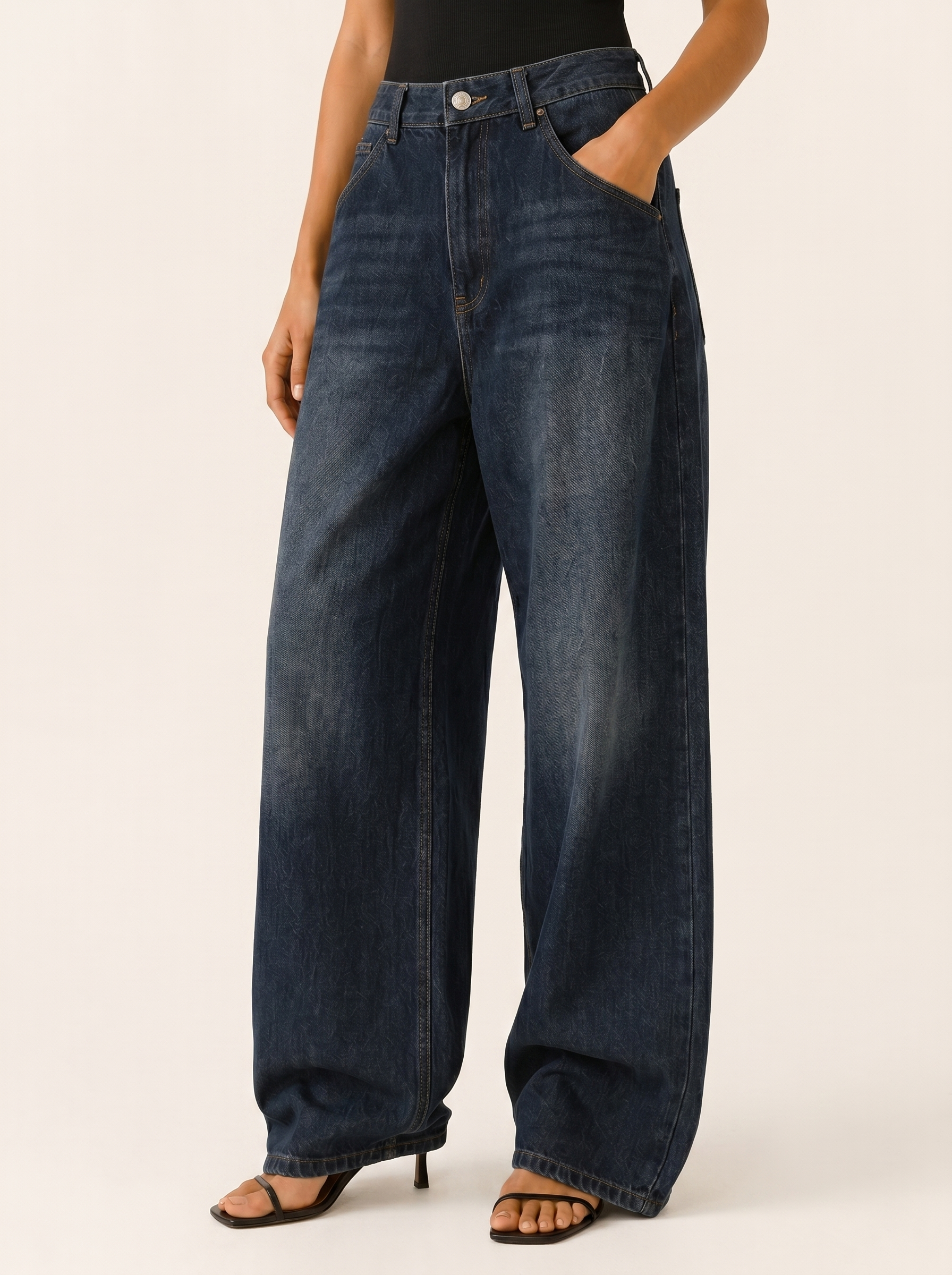 Solene | Curved Barrel Leg Mid Rise Washed Baggy Jeans - View 4