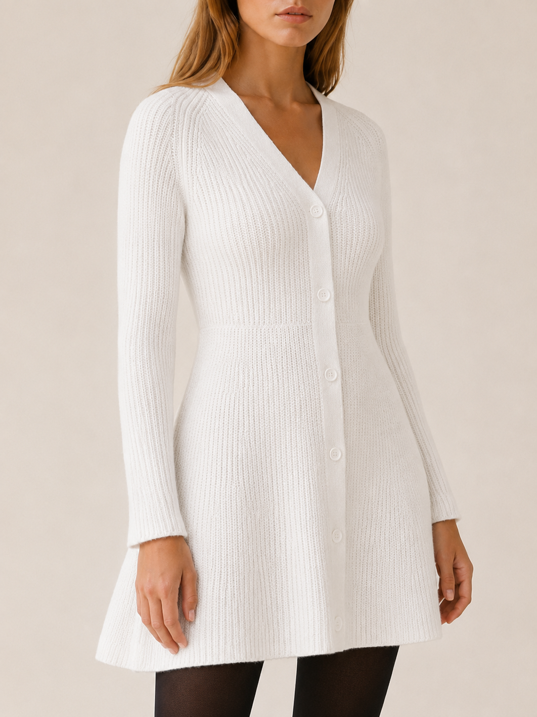 Sylvia | Ribbed V Neck Button Front Flared Knit Mini Dress - View 4