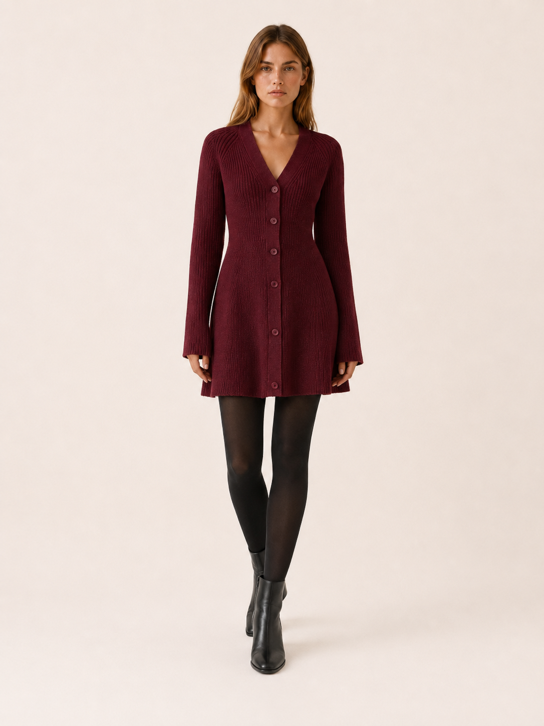 Sylvia | Ribbed V Neck Button Front Flared Knit Mini Dress - View 6