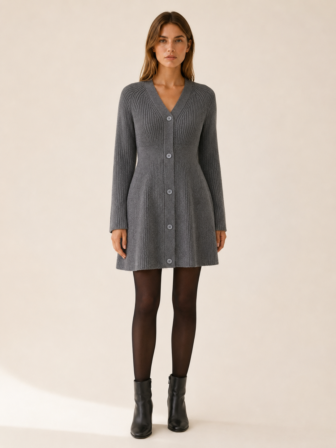Sylvia | Ribbed V Neck Button Front Flared Knit Mini Dress - View 7