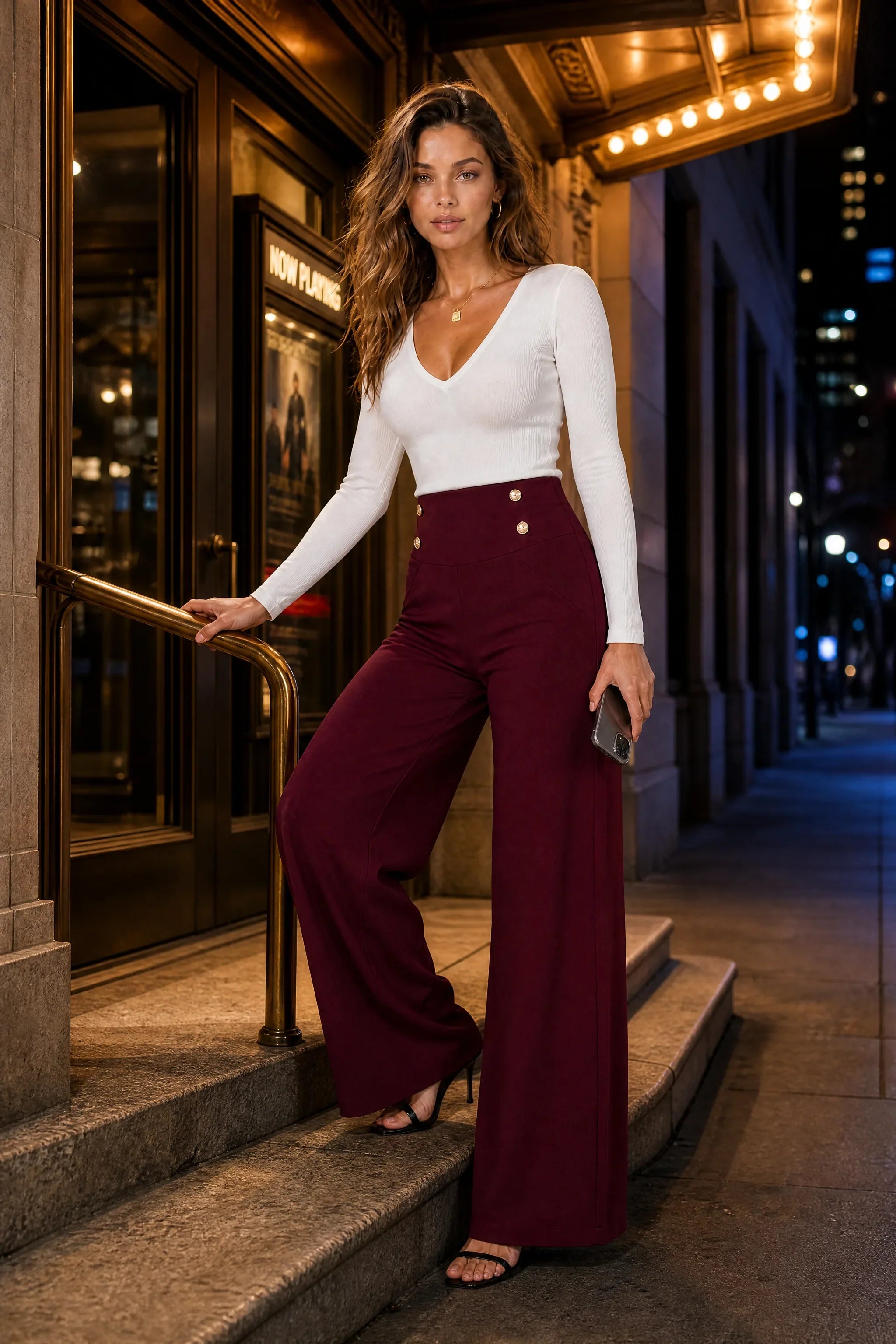 Talitha | Contoured Waist Gold Button Wide Leg Palazzo Trousers - View 10