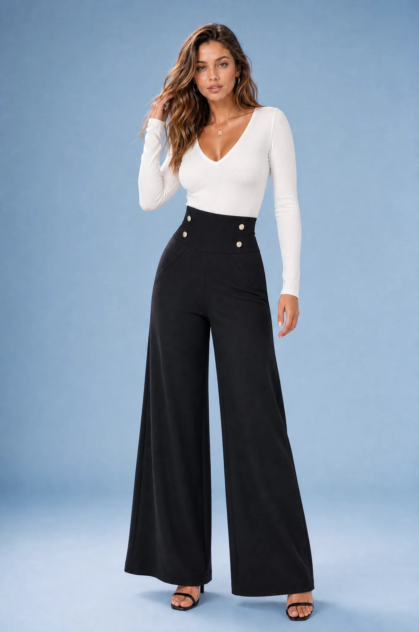 Talitha | Contoured Waist Gold Button Wide Leg Palazzo Trousers - View 11