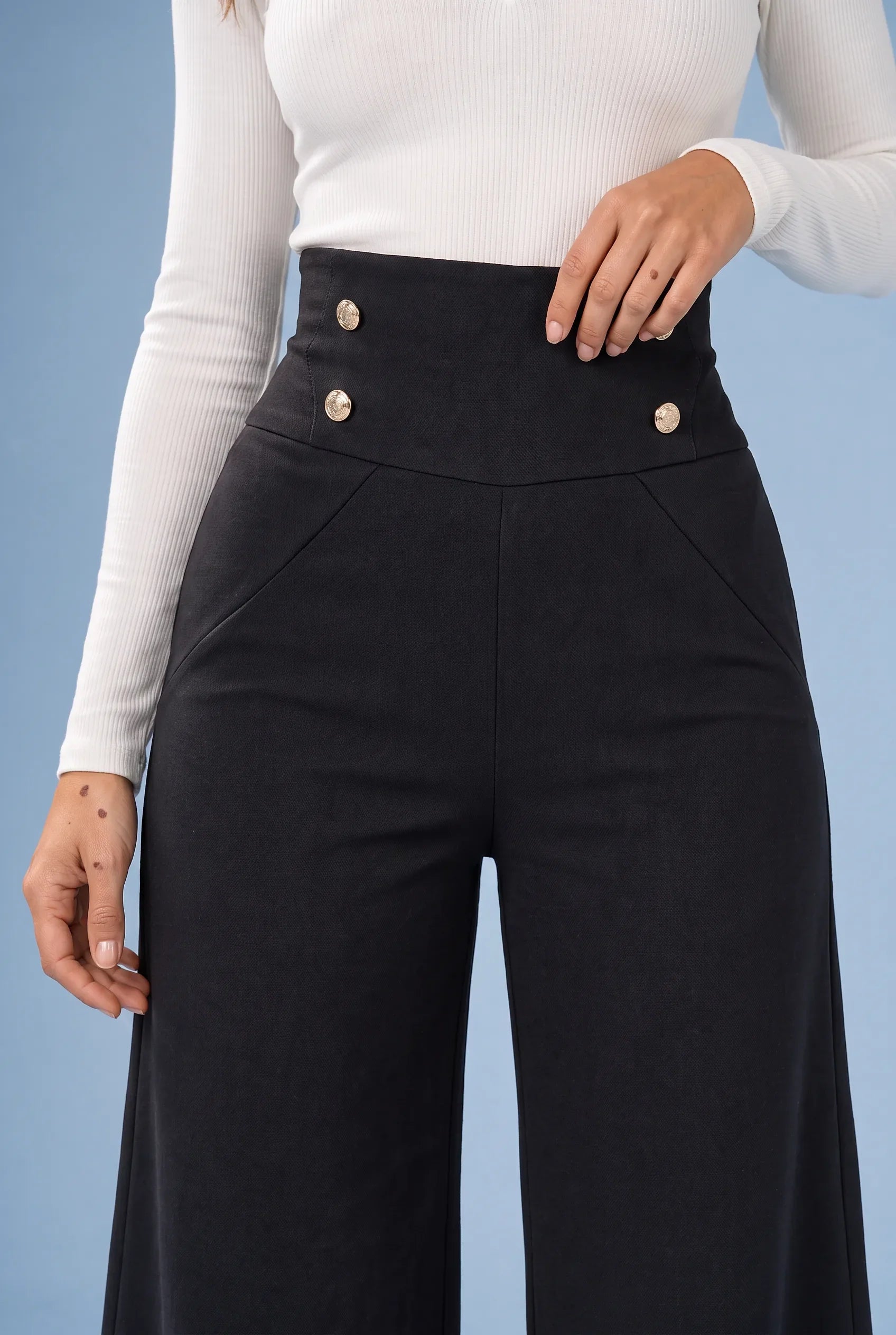 Talitha | Contoured Waist Gold Button Wide Leg Palazzo Trousers - View 4
