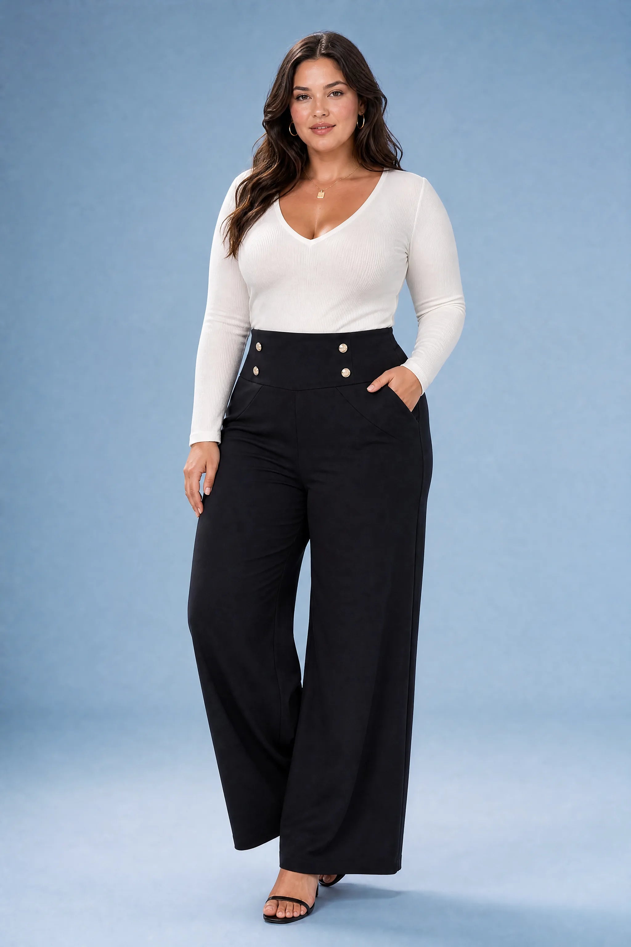 Talitha | Contoured Waist Gold Button Wide Leg Palazzo Trousers - View 7