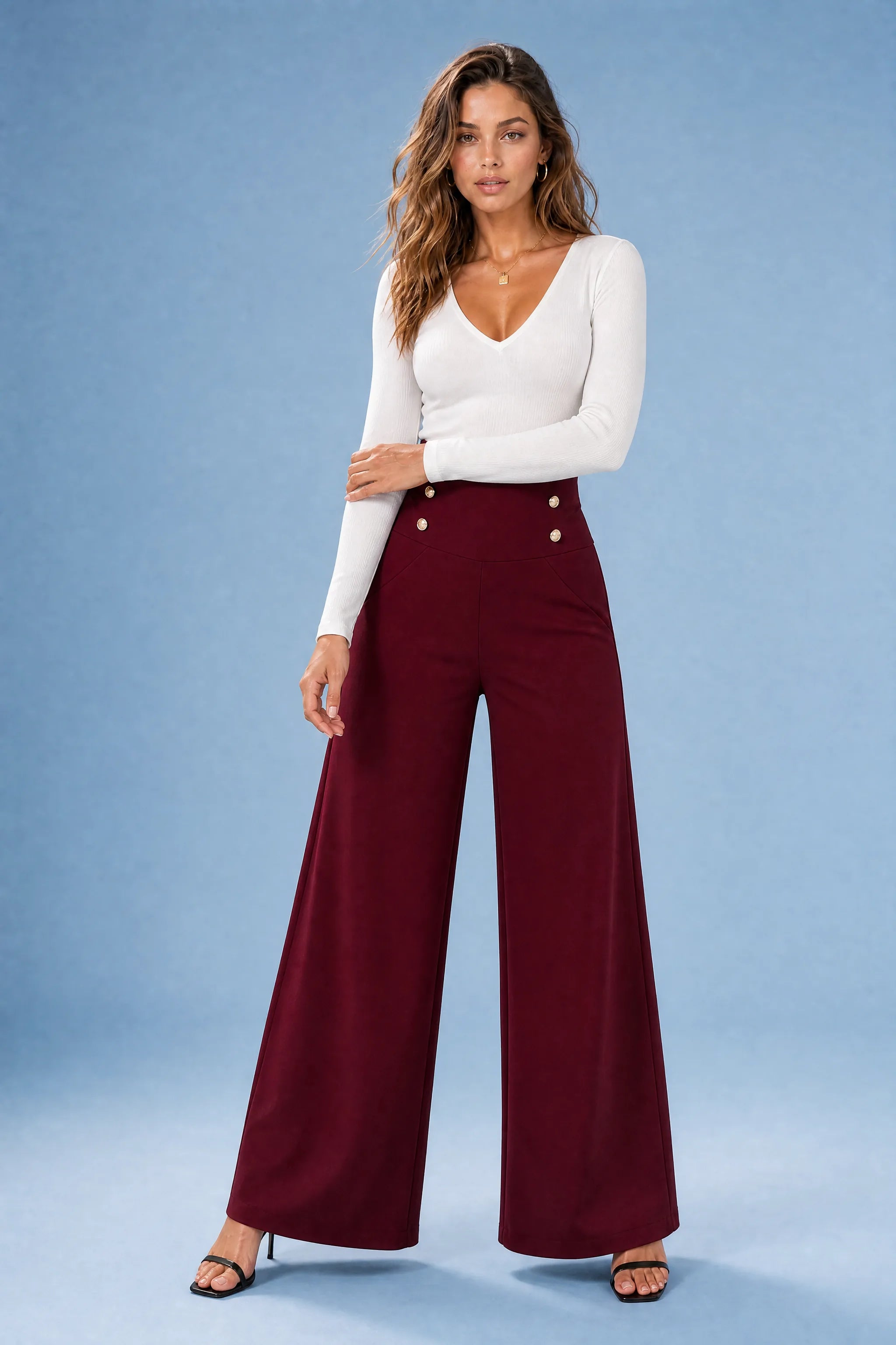Talitha | Contoured Waist Gold Button Wide Leg Palazzo Trousers - View 9