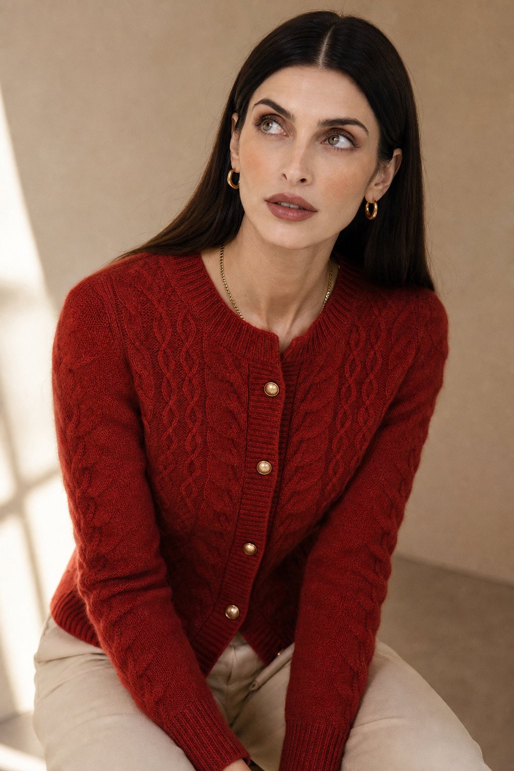 Tamsin | Allover Cable Knit Gold Pearl Button Cardigan