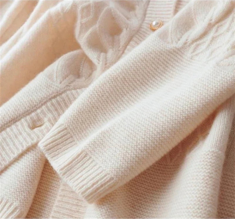 Tamsin | Allover Cable Knit Gold Pearl Button Cardigan - View 10