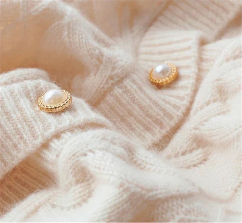 Tamsin | Allover Cable Knit Gold Pearl Button Cardigan - View 12