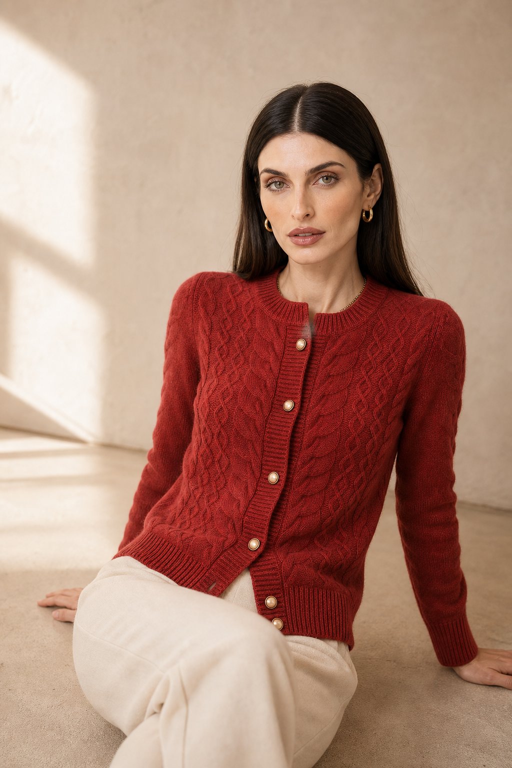 Tamsin | Allover Cable Knit Gold Pearl Button Cardigan - View 2