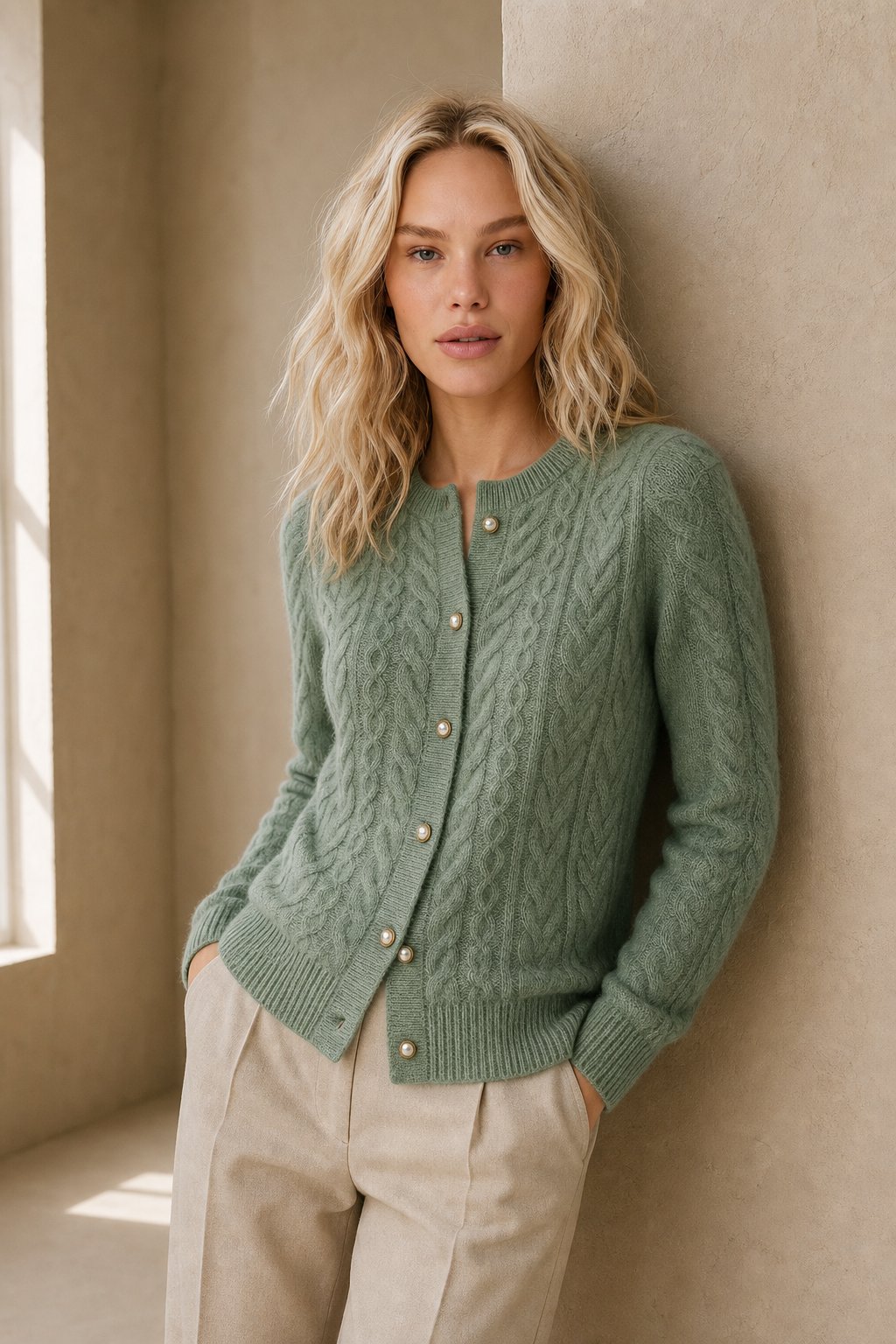Tamsin | Allover Cable Knit Gold Pearl Button Cardigan - View 7