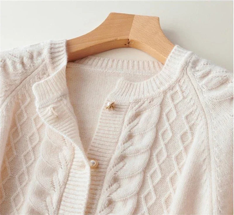 Tamsin | Allover Cable Knit Gold Pearl Button Cardigan - View 9