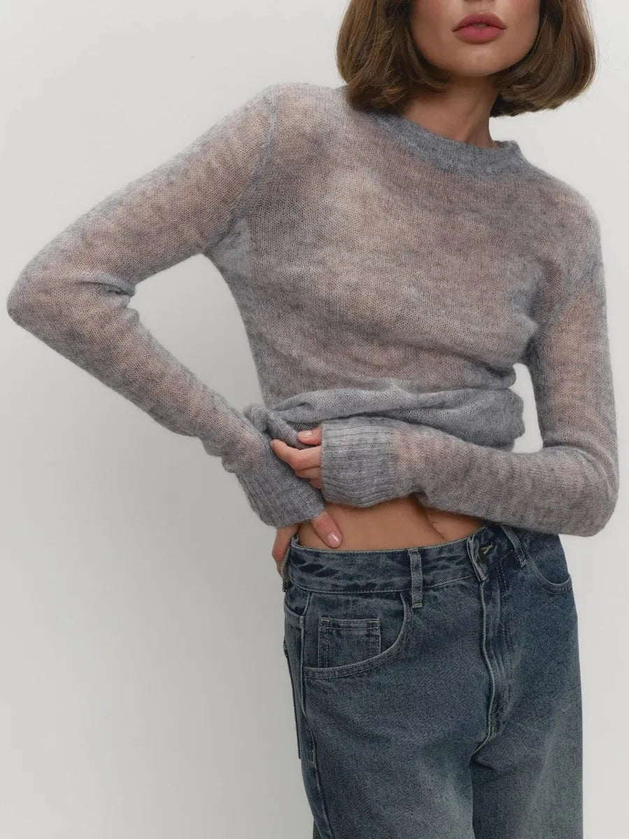 Thea | Relaxed Brushed Mohair Crew Neck Knit Sweater - View 33