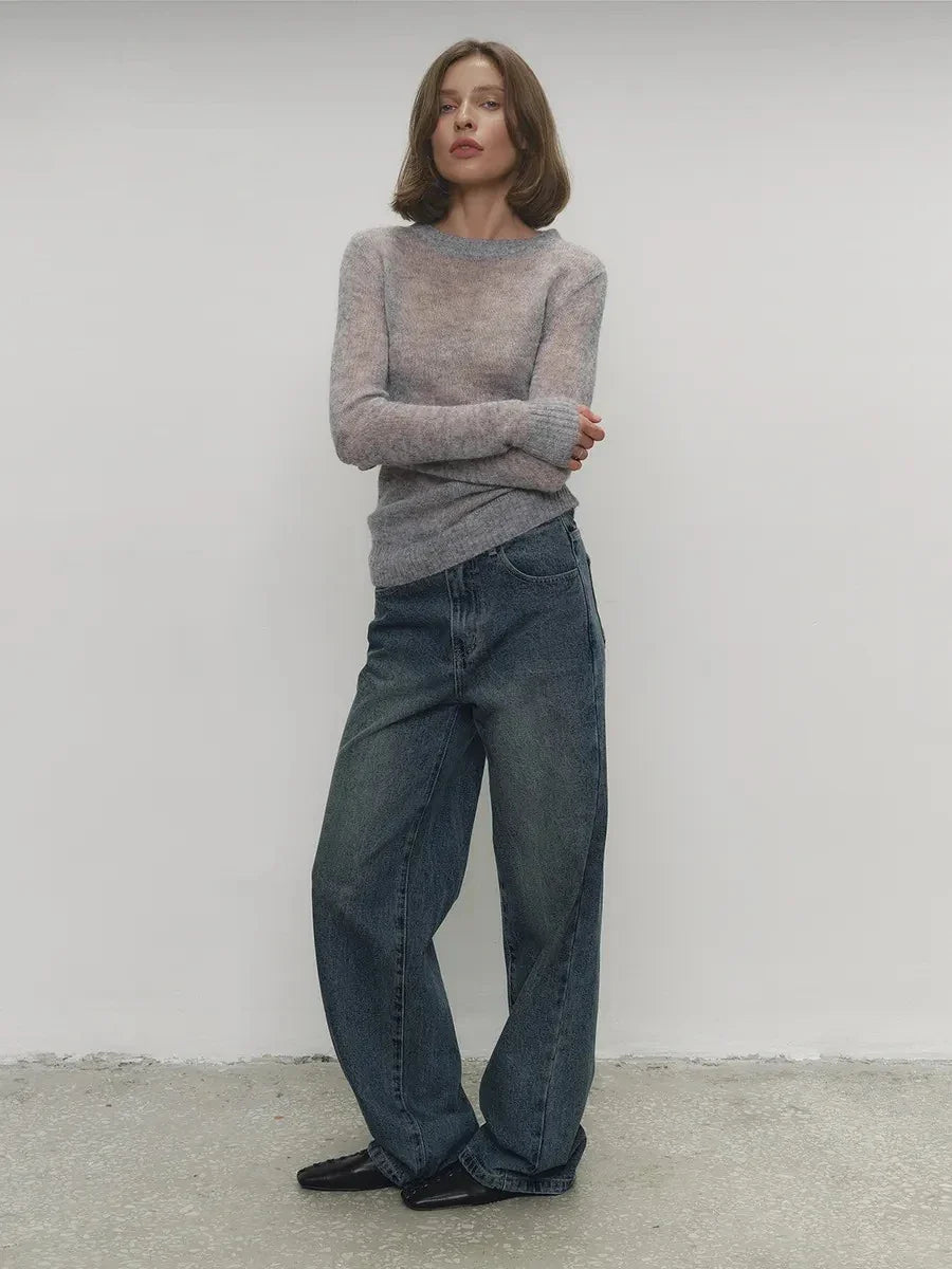 Thea | Relaxed Brushed Mohair Crew Neck Knit Sweater - View 34