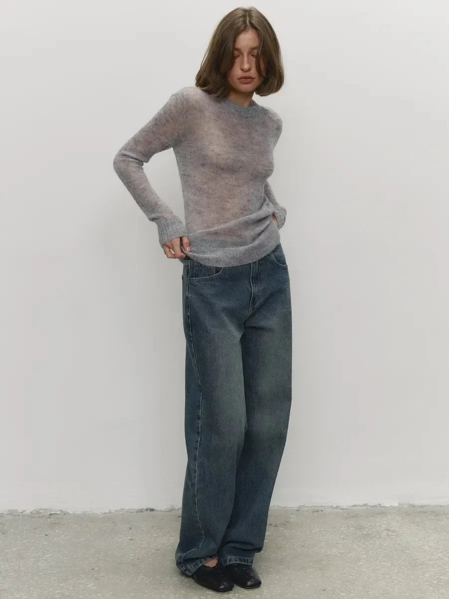 Thea | Relaxed Brushed Mohair Crew Neck Knit Sweater - View 36