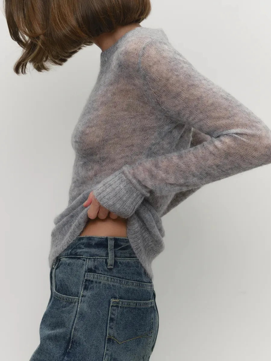 Thea | Relaxed Brushed Mohair Crew Neck Knit Sweater - View 37