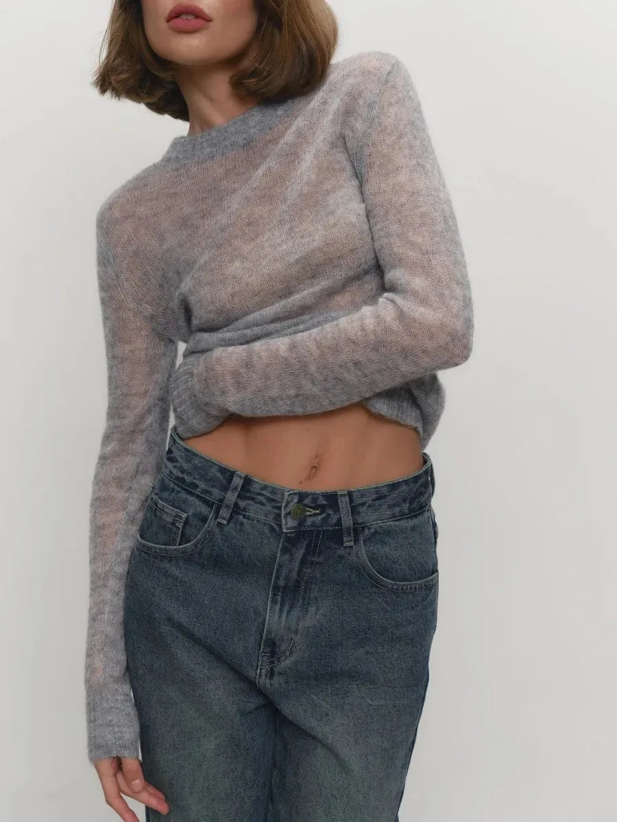 Thea | Relaxed Brushed Mohair Crew Neck Knit Sweater - View 38