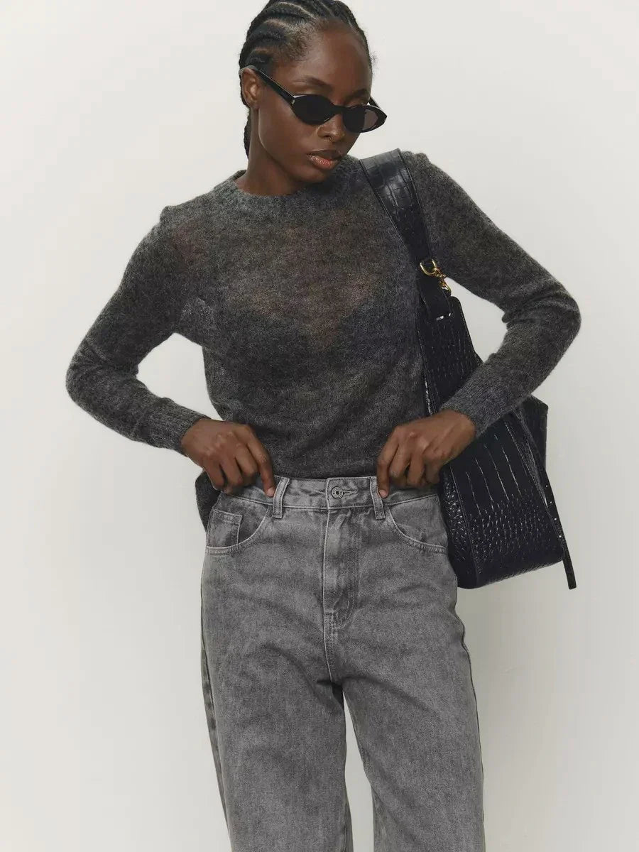 Thea | Relaxed Brushed Mohair Crew Neck Knit Sweater - View 48