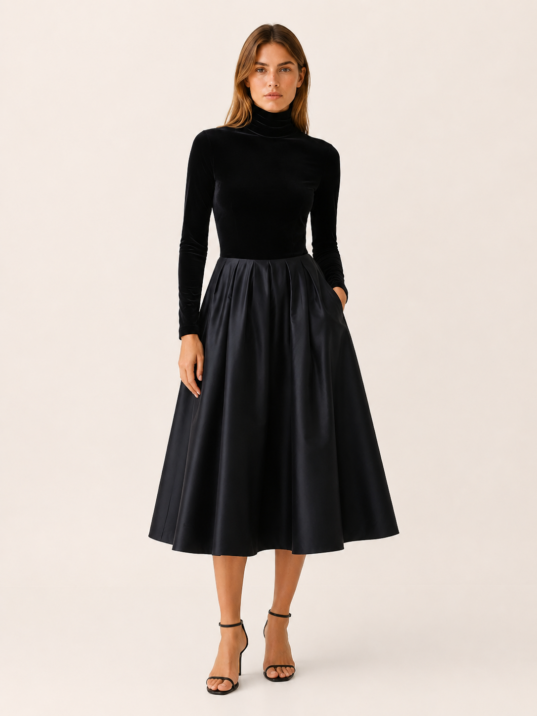 Theodora | Velvet Bodice Satin Skirt Turtleneck Midi Dress