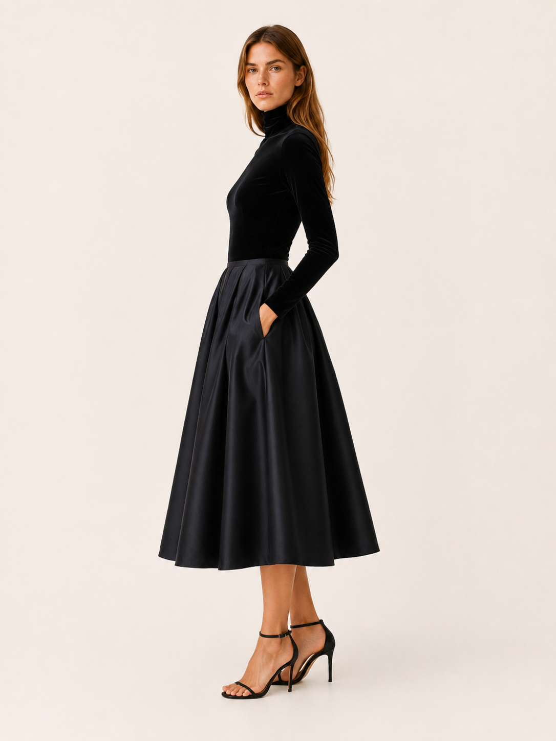 Theodora | Velvet Bodice Satin Skirt Turtleneck Midi Dress - View 2