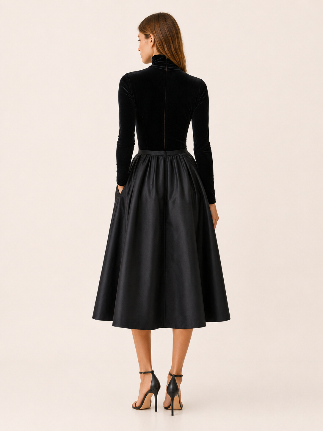 Theodora | Velvet Bodice Satin Skirt Turtleneck Midi Dress - View 3