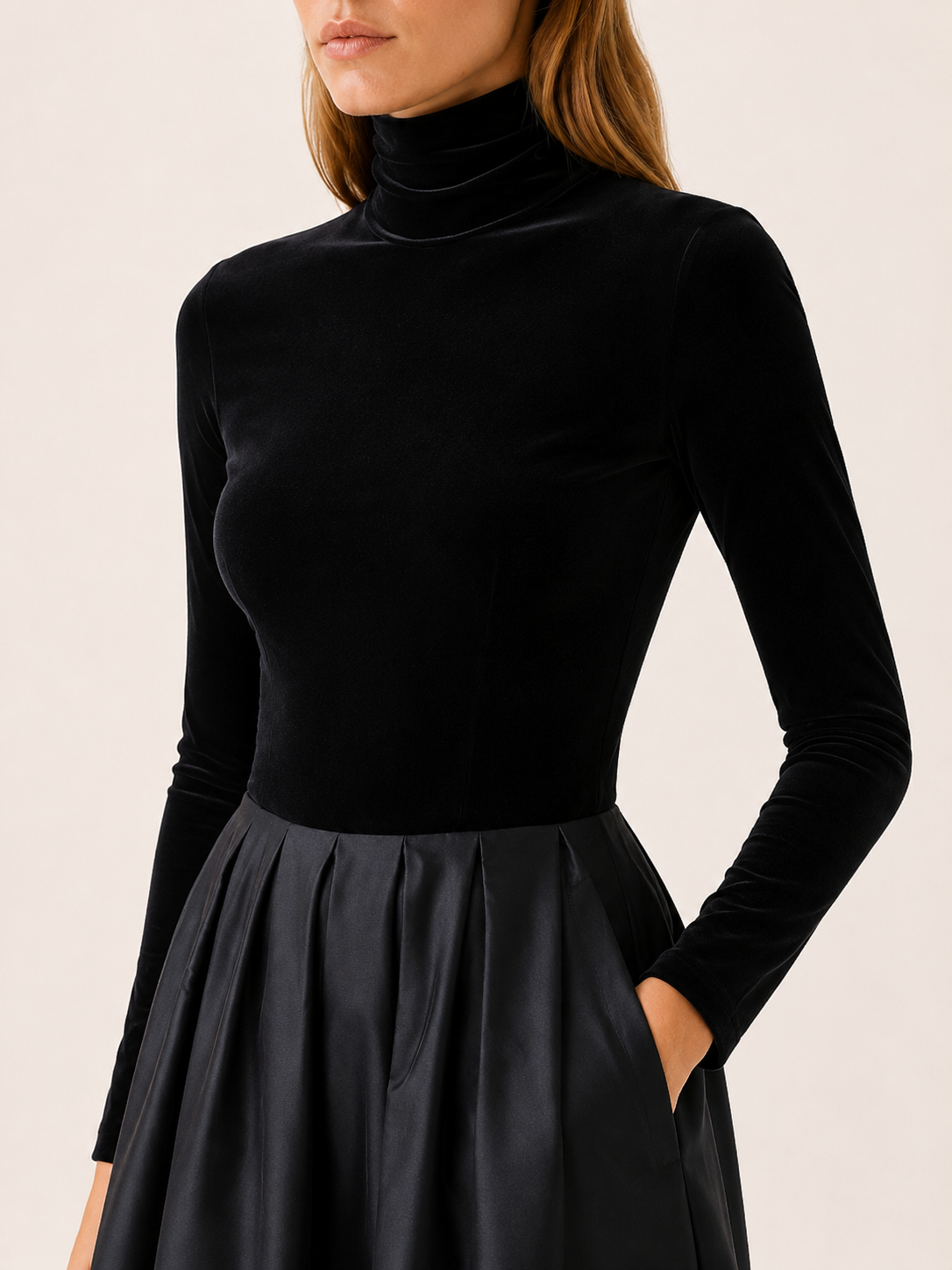 Theodora | Velvet Bodice Satin Skirt Turtleneck Midi Dress - View 4