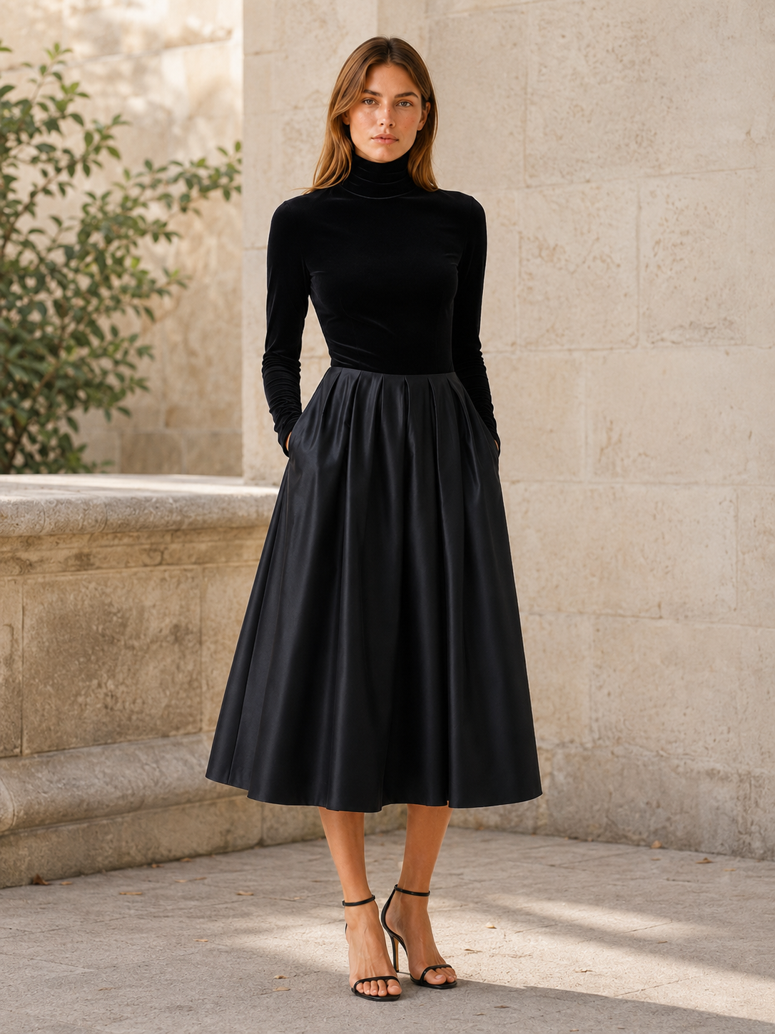 Theodora | Velvet Bodice Satin Skirt Turtleneck Midi Dress - View 5