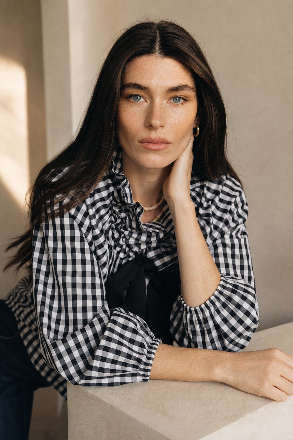 Thora | Gingham Ruffle Collar Tie Neck Cotton Blouse