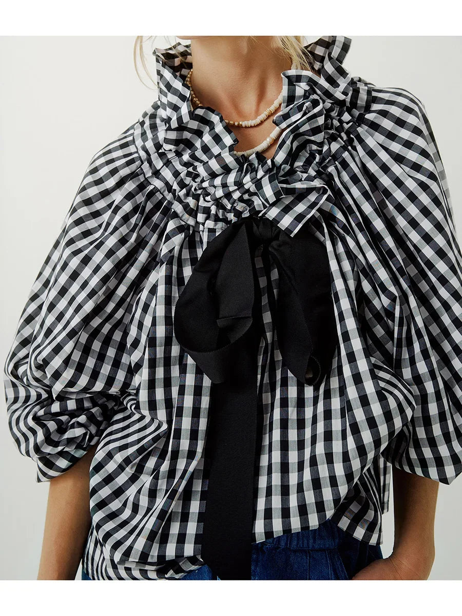 Thora | Gingham Ruffle Collar Tie Neck Cotton Blouse - View 10