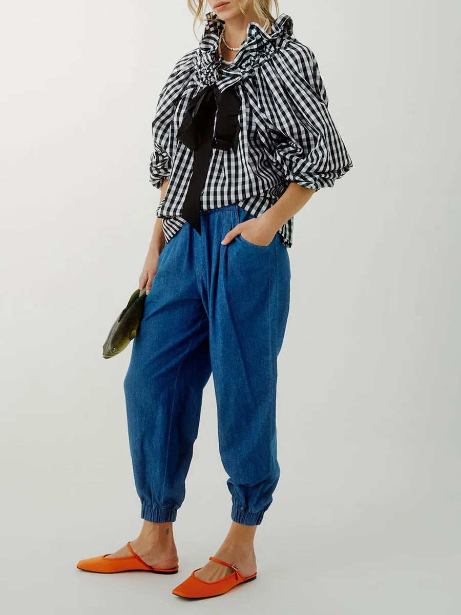 Thora | Gingham Ruffle Collar Tie Neck Cotton Blouse - View 11
