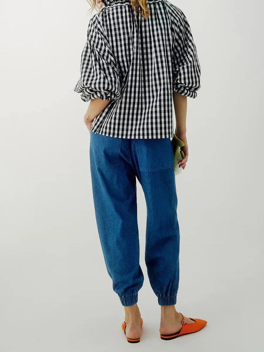 Thora | Gingham Ruffle Collar Tie Neck Cotton Blouse - View 12