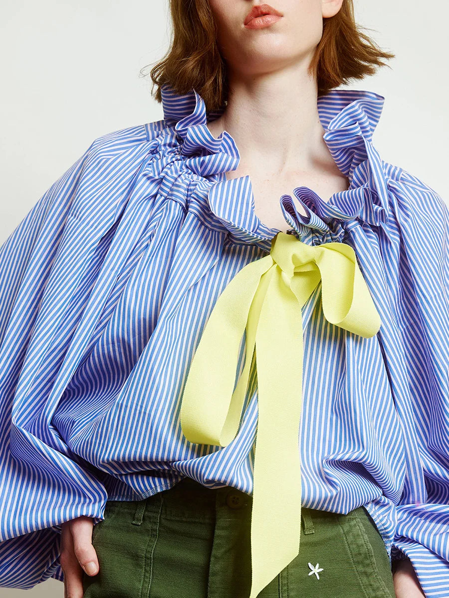 Thora | Gingham Ruffle Collar Tie Neck Cotton Blouse - View 13