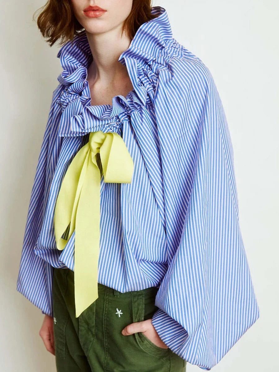 Thora | Gingham Ruffle Collar Tie Neck Cotton Blouse - View 14