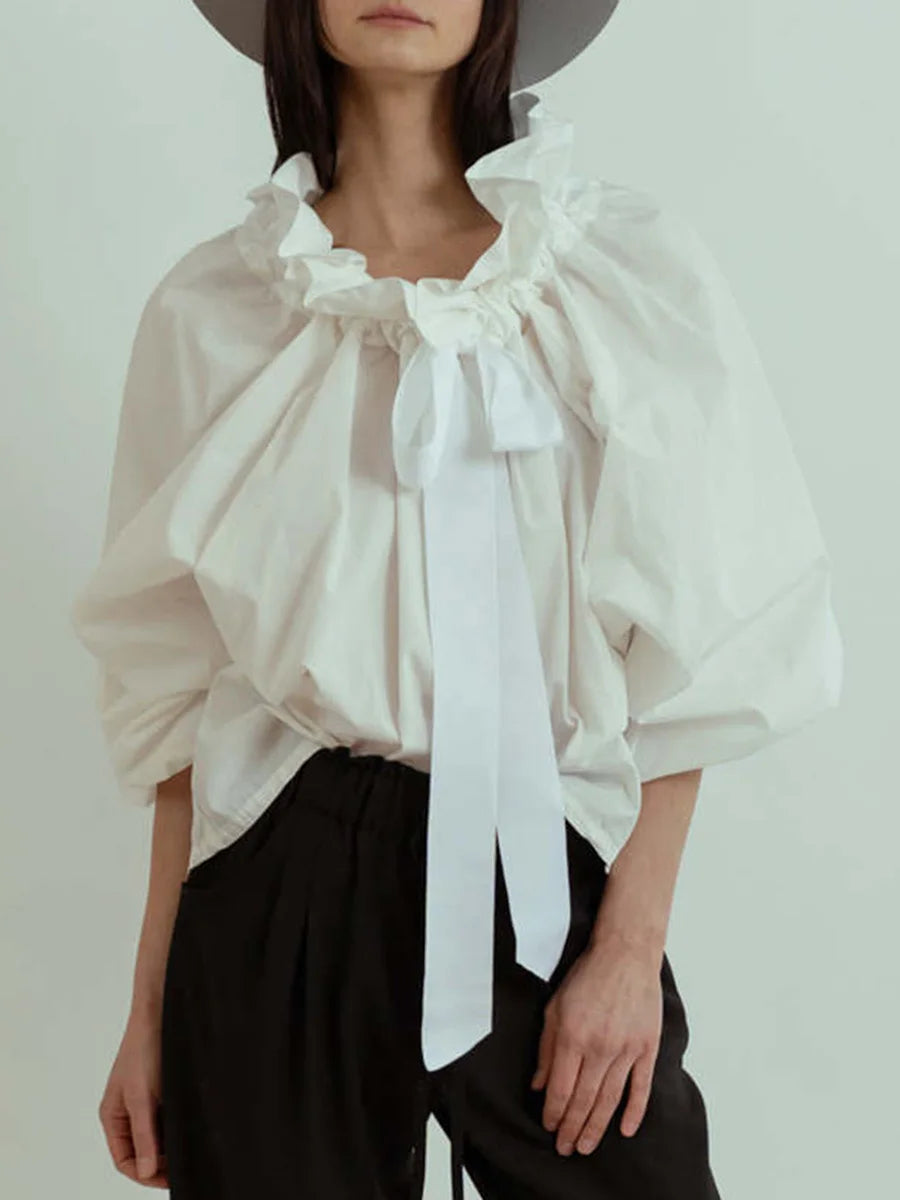 Thora | Gingham Ruffle Collar Tie Neck Cotton Blouse - View 15