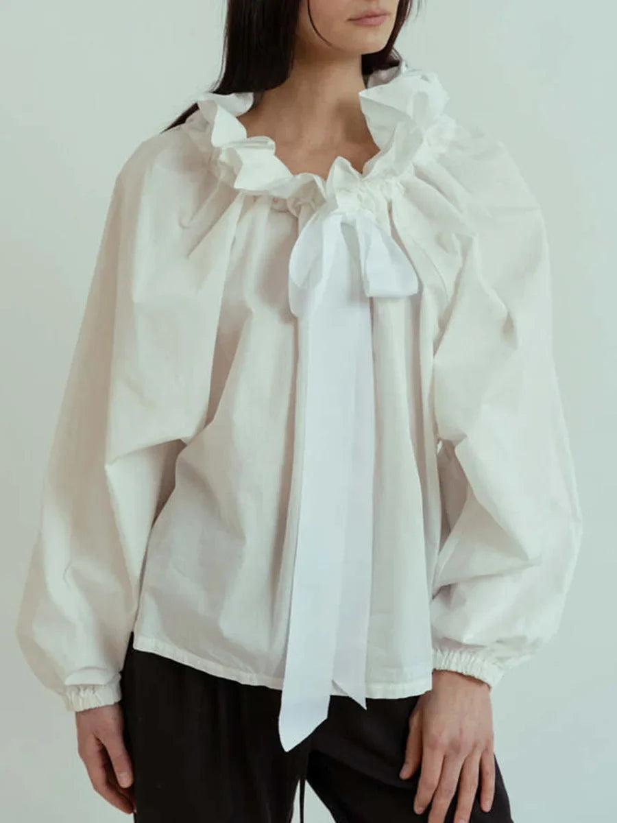 Thora | Gingham Ruffle Collar Tie Neck Cotton Blouse - View 16