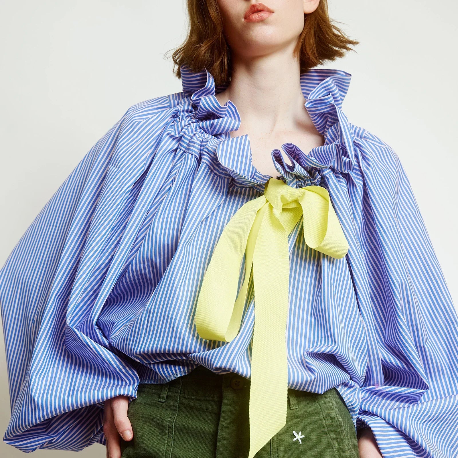 Thora | Gingham Ruffle Collar Tie Neck Cotton Blouse - View 19