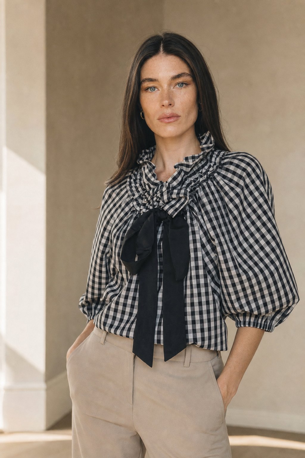 Thora | Gingham Ruffle Collar Tie Neck Cotton Blouse - View 2