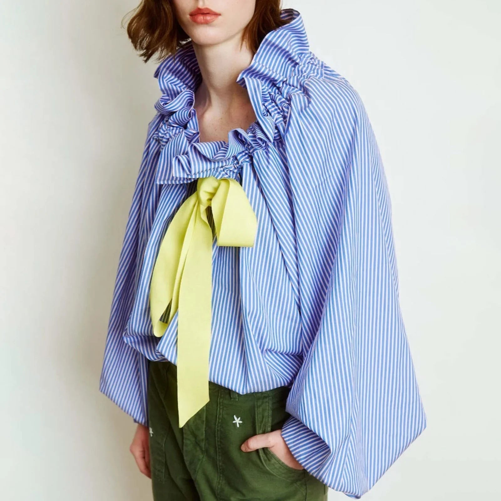 Thora | Gingham Ruffle Collar Tie Neck Cotton Blouse - View 20