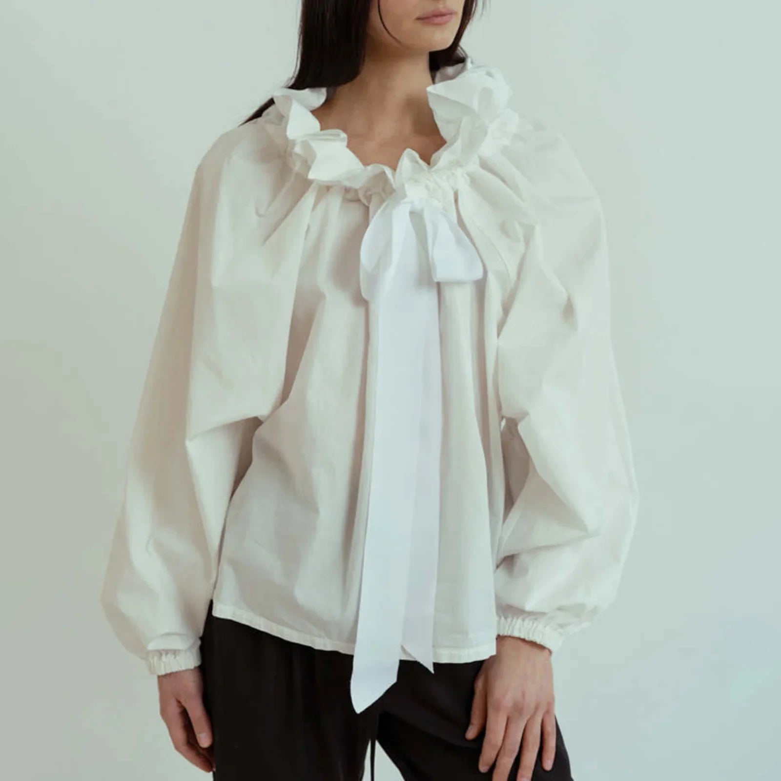 Thora | Gingham Ruffle Collar Tie Neck Cotton Blouse - View 21