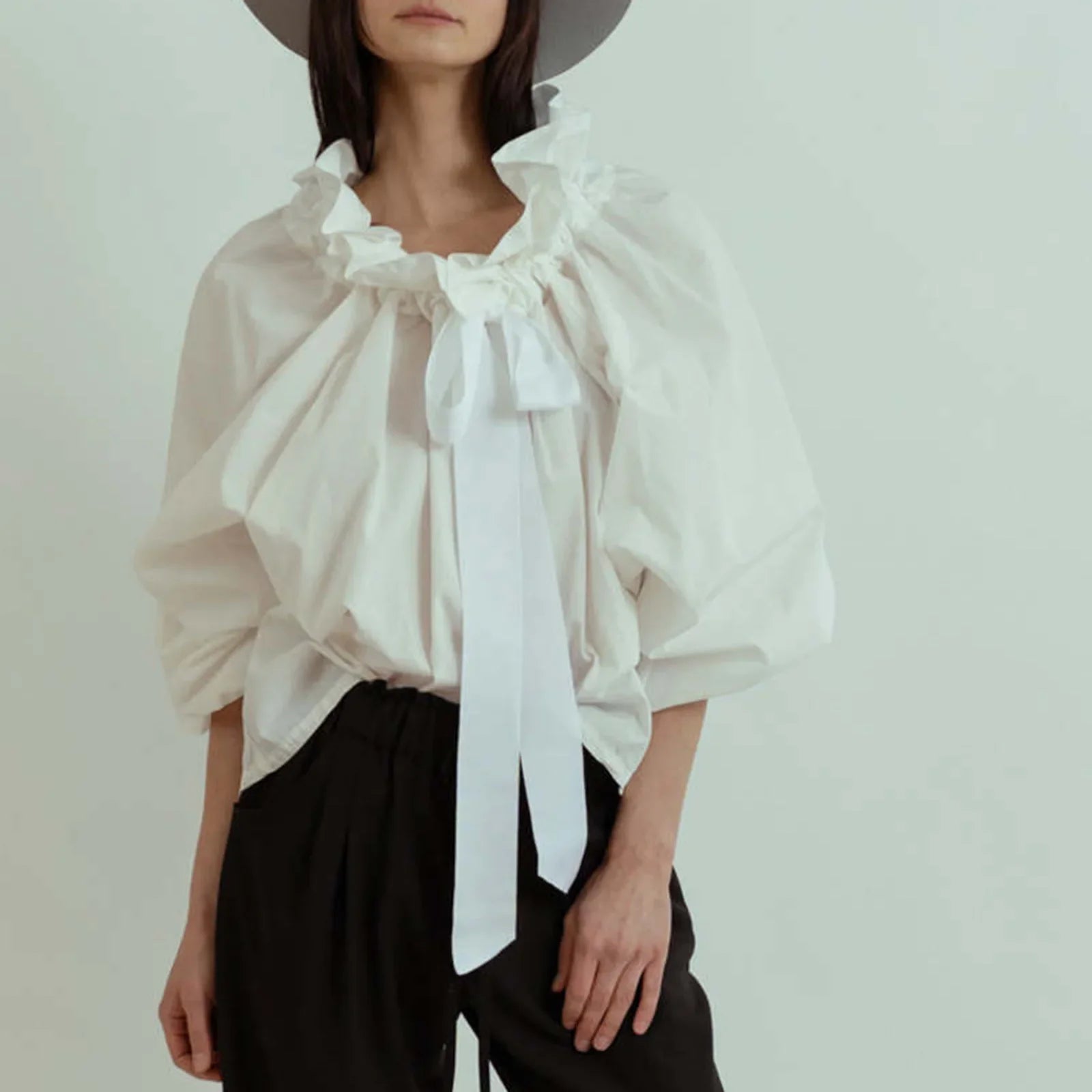 Thora | Gingham Ruffle Collar Tie Neck Cotton Blouse - View 22