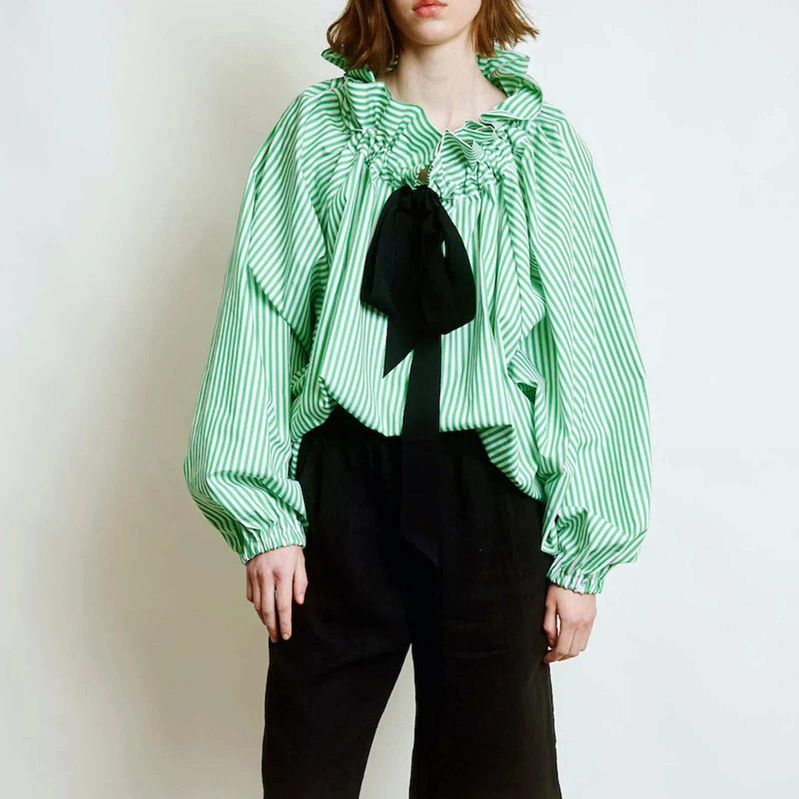 Thora | Gingham Ruffle Collar Tie Neck Cotton Blouse - View 23