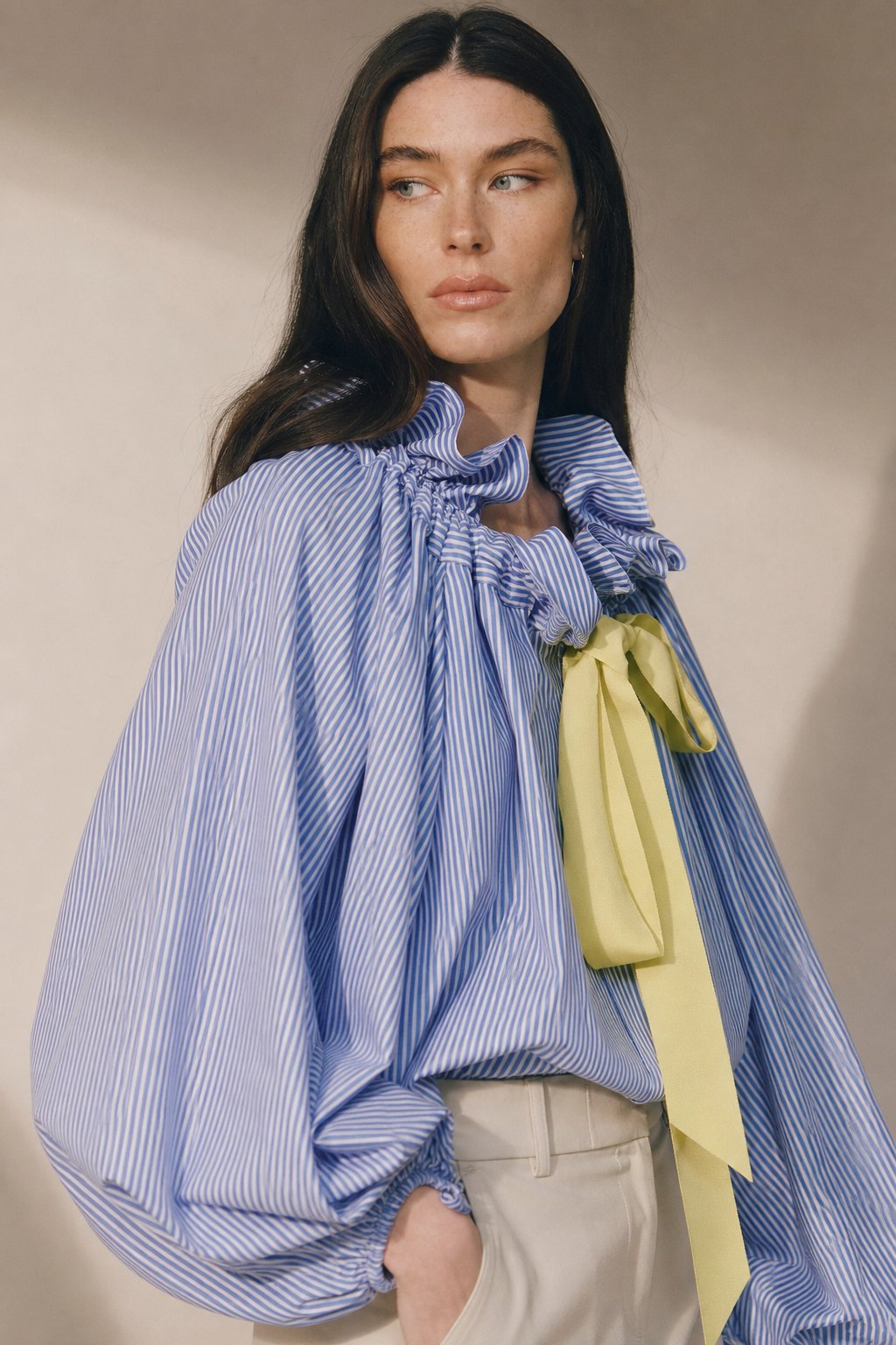 Thora | Gingham Ruffle Collar Tie Neck Cotton Blouse - View 4