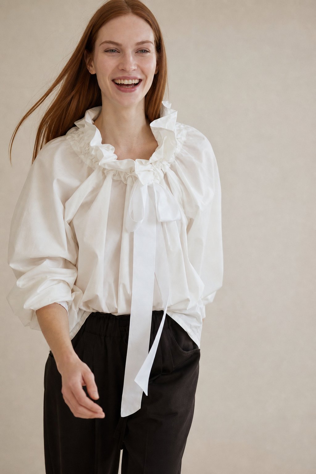 Thora | Gingham Ruffle Collar Tie Neck Cotton Blouse - View 5