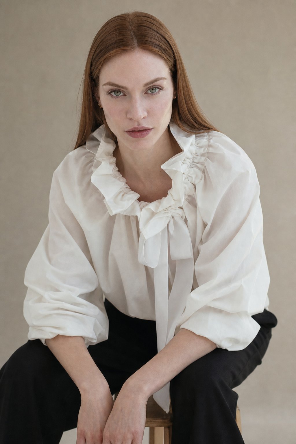 Thora | Gingham Ruffle Collar Tie Neck Cotton Blouse - View 6