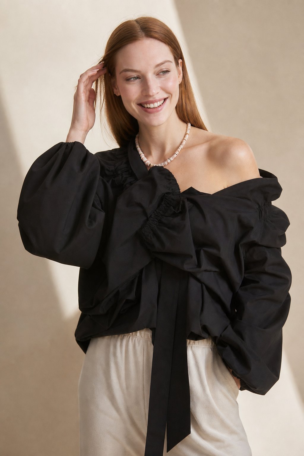 Thora | Gingham Ruffle Collar Tie Neck Cotton Blouse - View 7