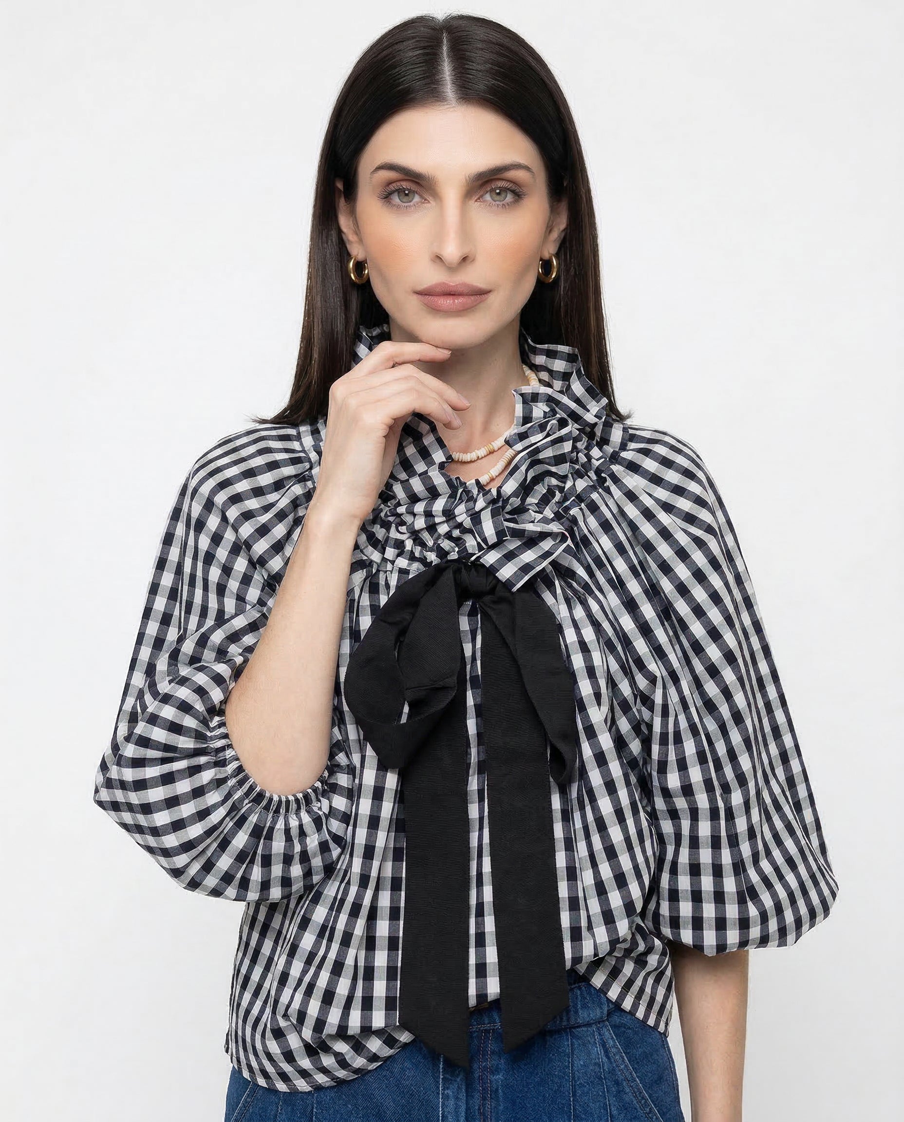 Thora | Gingham Ruffle Collar Tie Neck Cotton Blouse - View 9