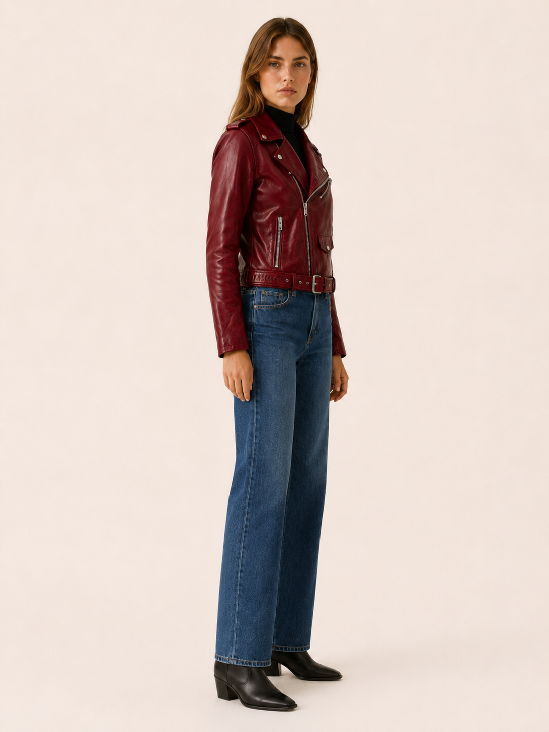 Tilda | Asymmetric Zip Belted Faux Leather Biker Jacket - View 2