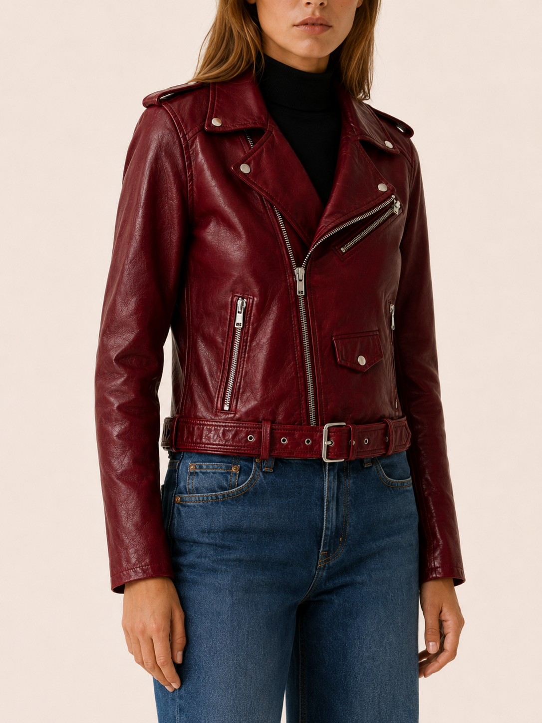 Tilda | Asymmetric Zip Belted Faux Leather Biker Jacket - View 3